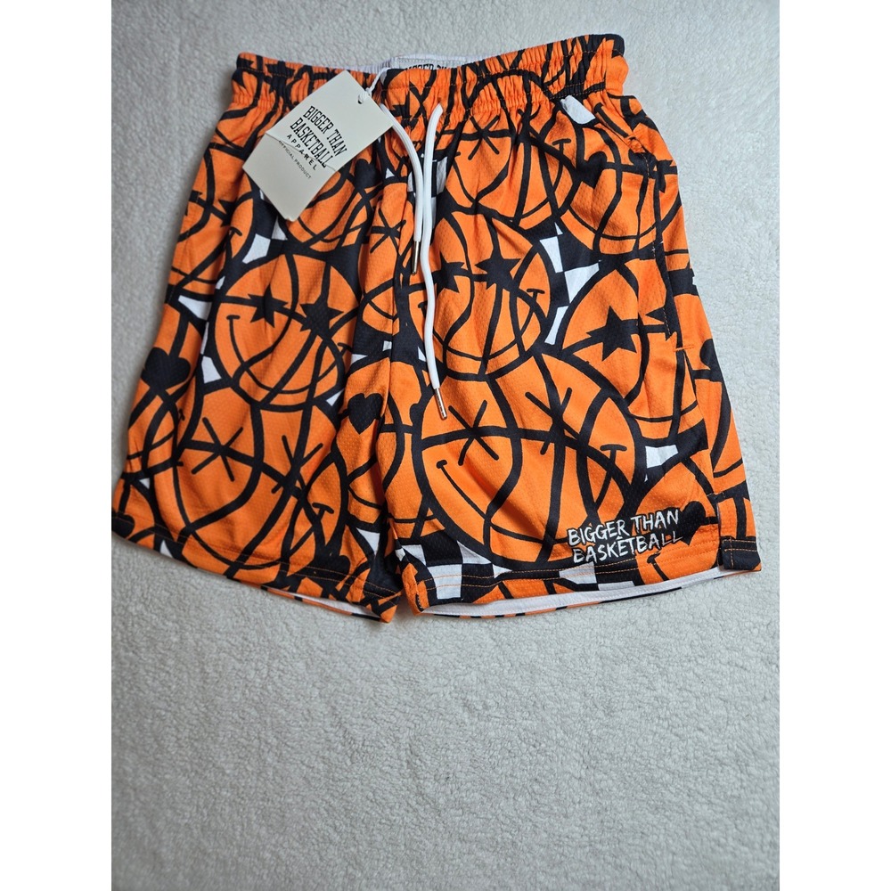 Bigger Than Basketball Youth Mesh Shorts Orange Black Smiley Graphic YM NEW